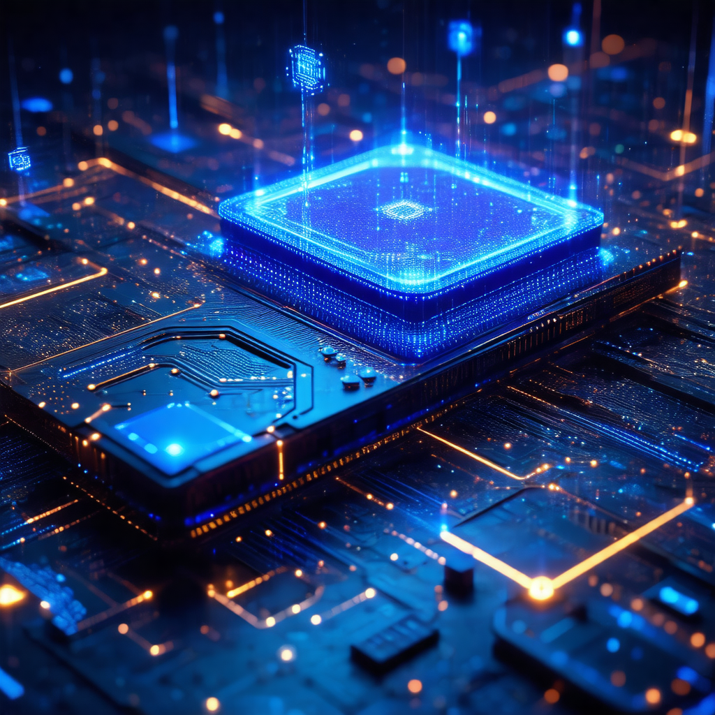 Blue and yellow computer circuit board with a blue square...