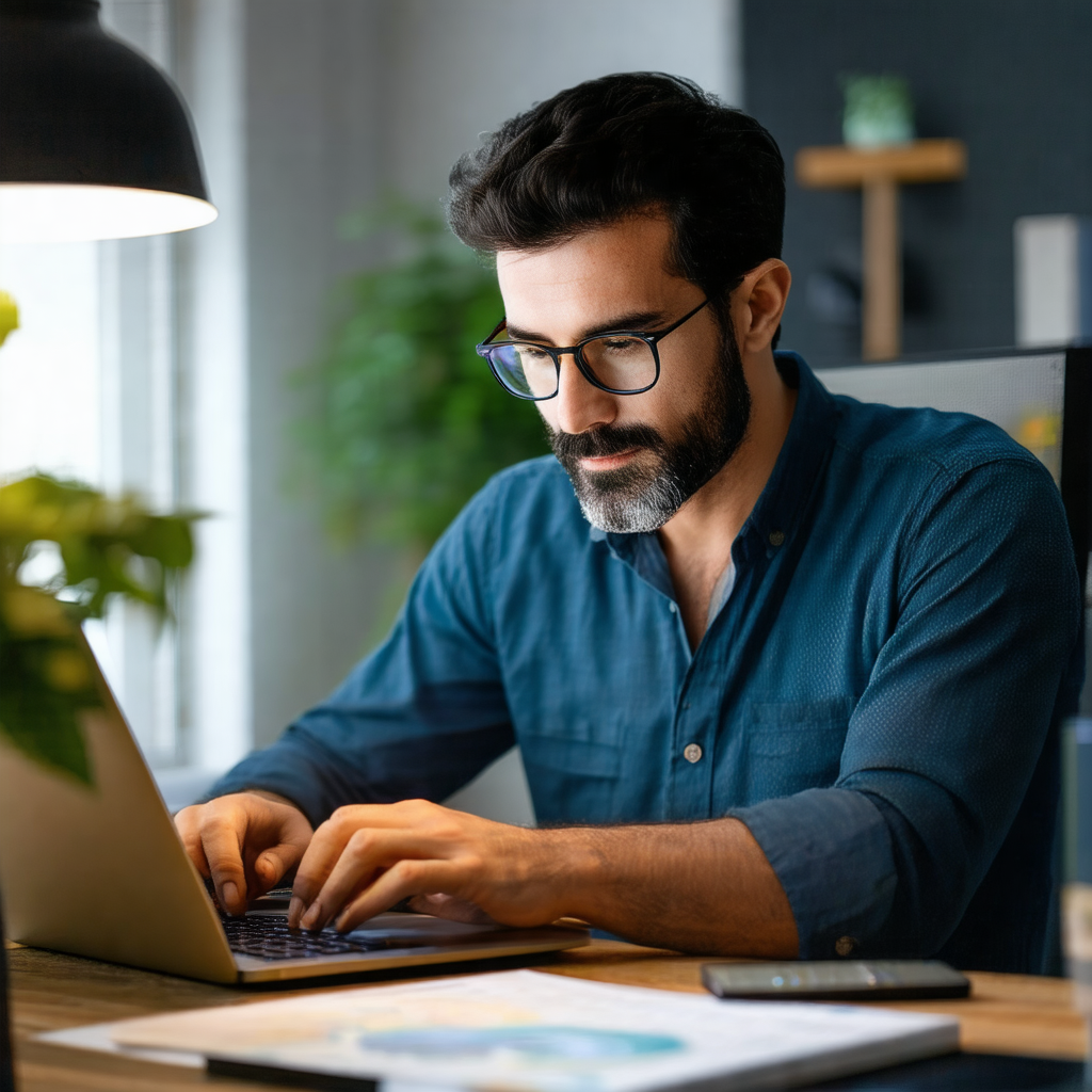 Man sitting at a desk, working on a laptop computer