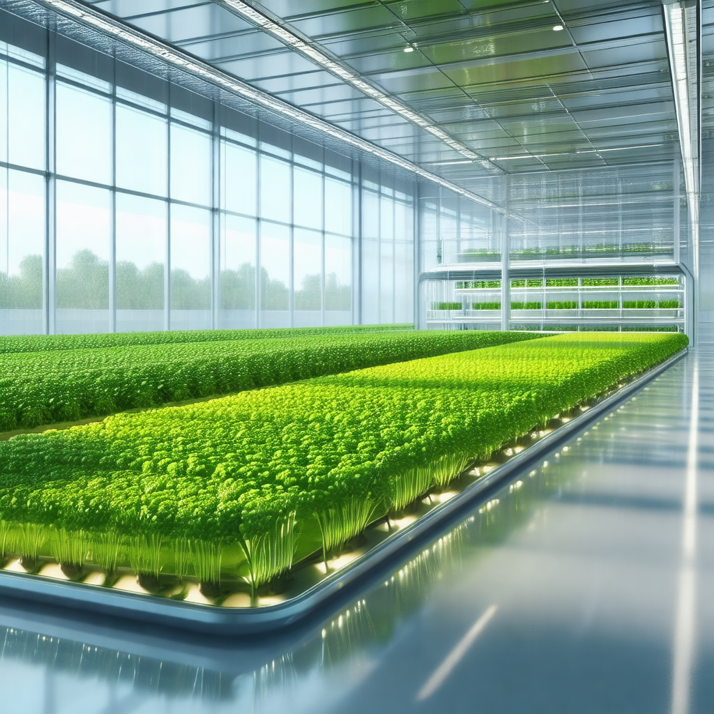 Large, well-lit greenhouse filled with rows of green plants