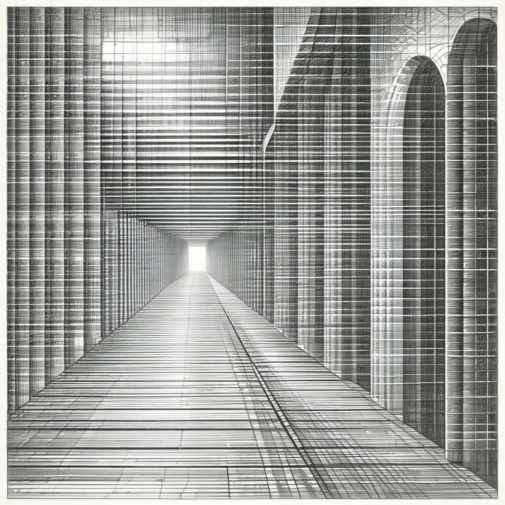 Black and white drawing of a long, narrow hallway