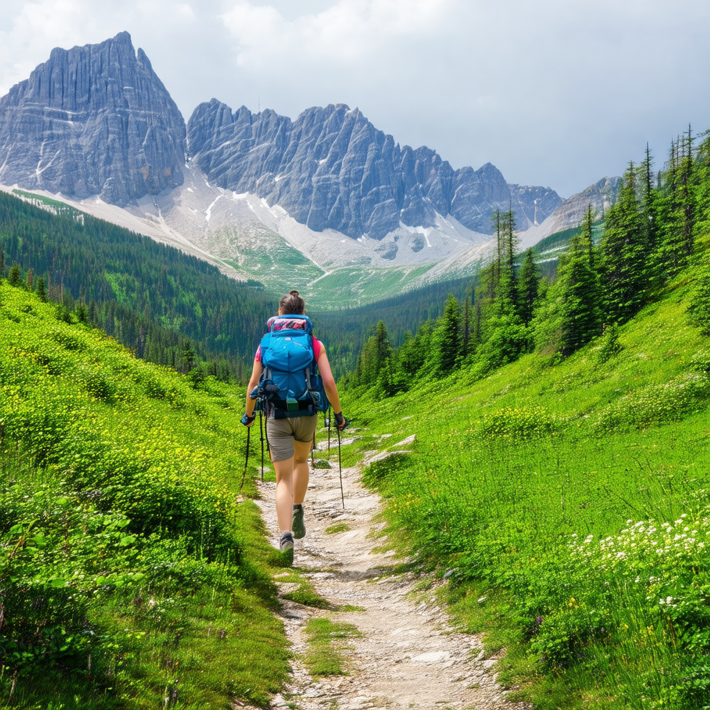Woman walking on a trail in a lush green forest