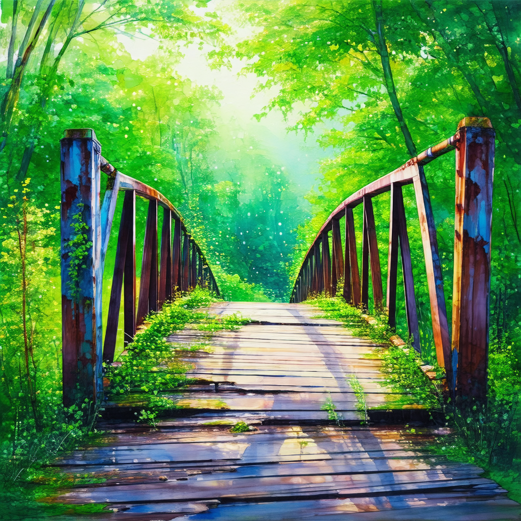 Wooden bridge with a rustic appearance, surrounded by lus...