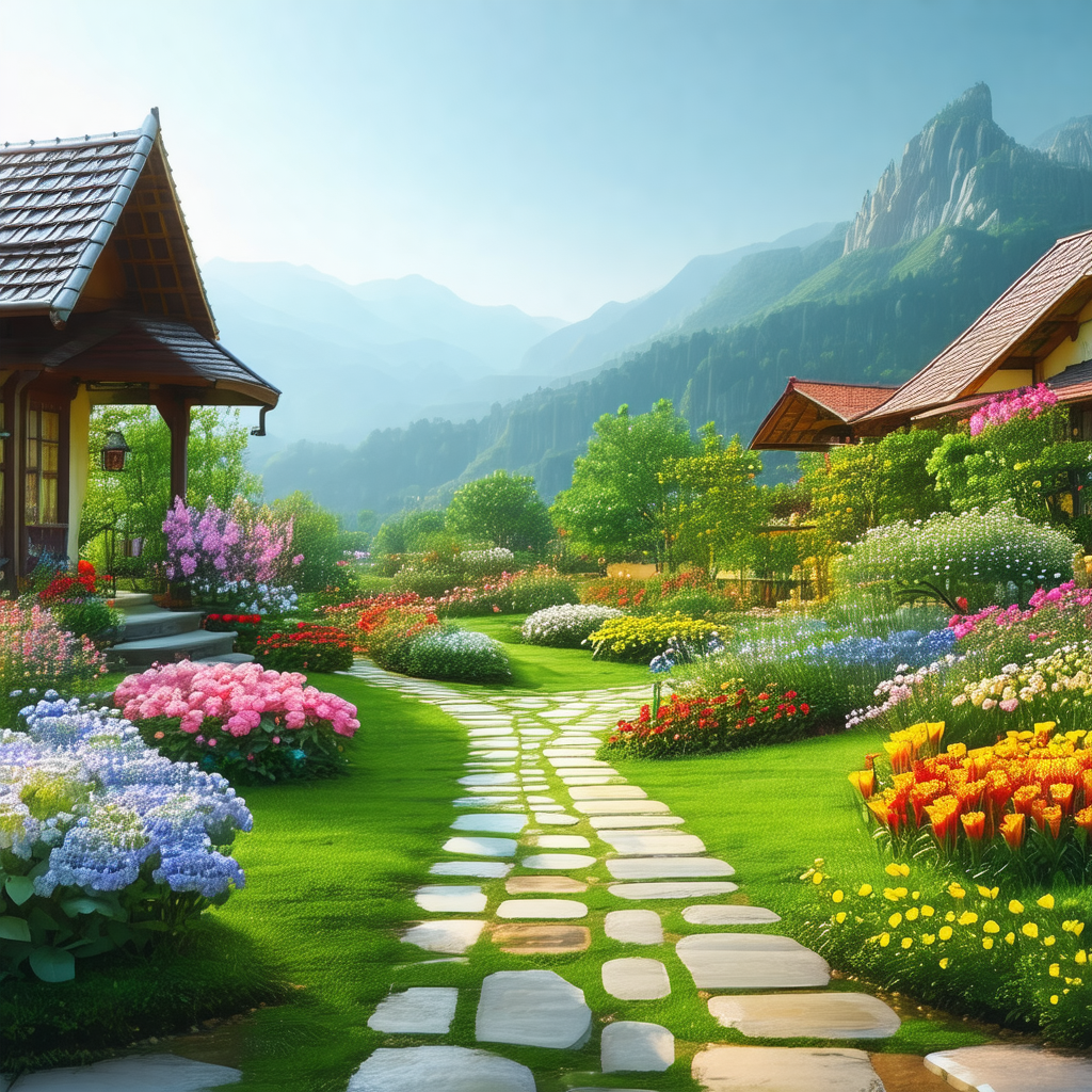 Beautiful garden with a pathway leading to a house