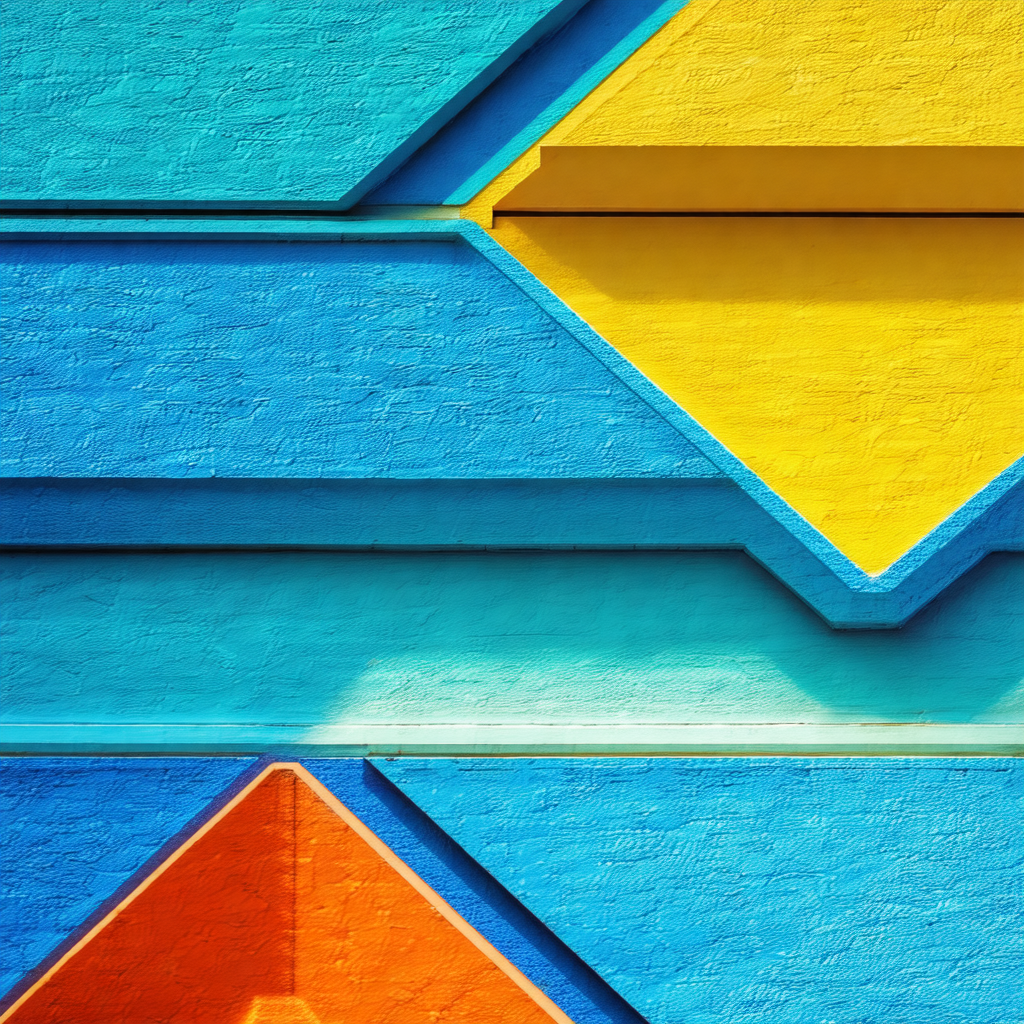 Large, colorful wall with a variety of triangles and rect...