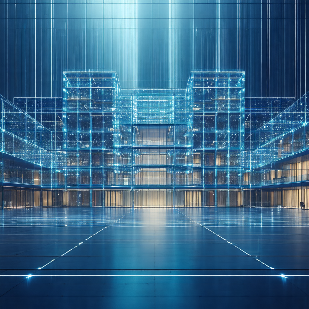 Large, modern building with a blue glass exterior