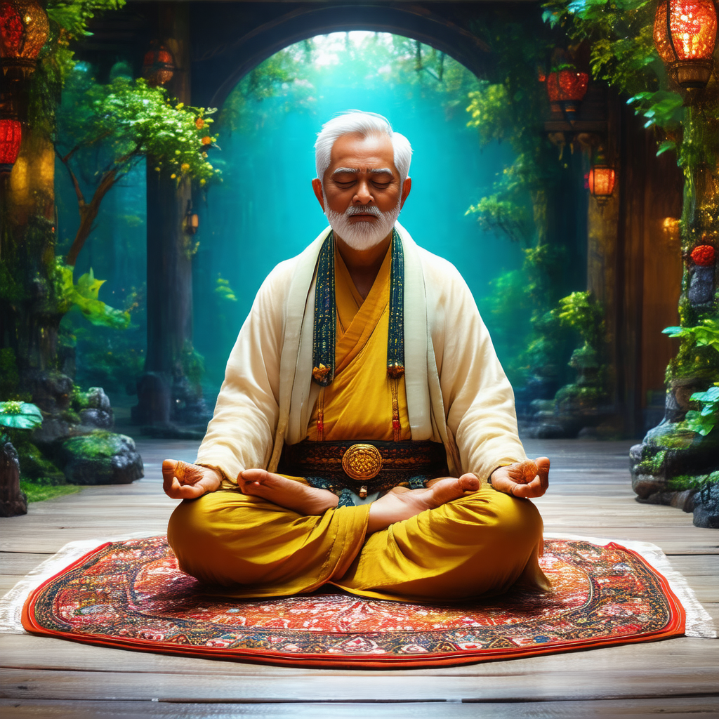 Man sitting on a rug in a forest, surrounded by trees