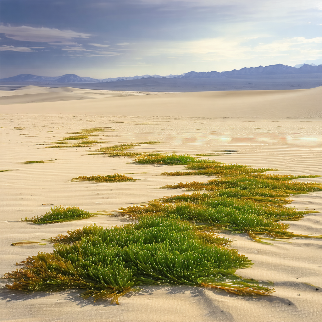 Sandy beach with a few patches of greenery