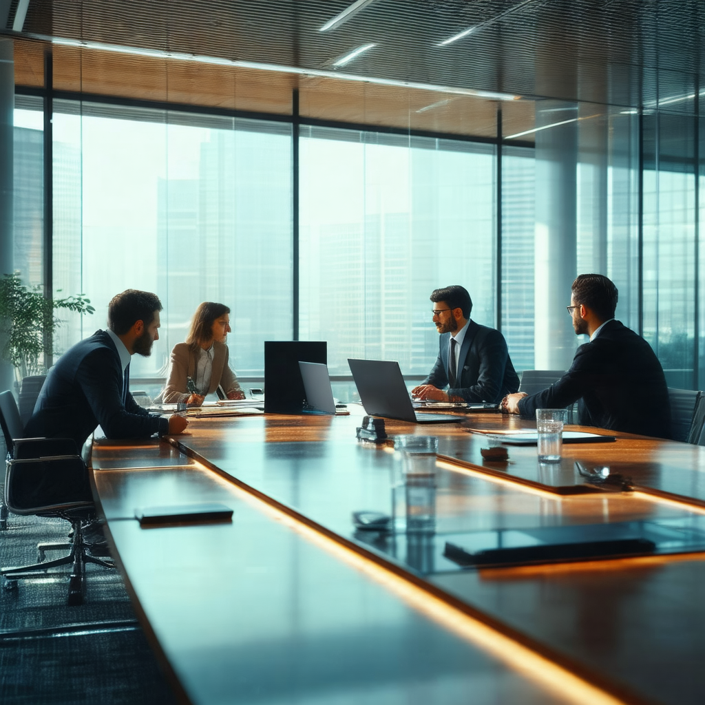 Group of people sitting around a large conference table, ...