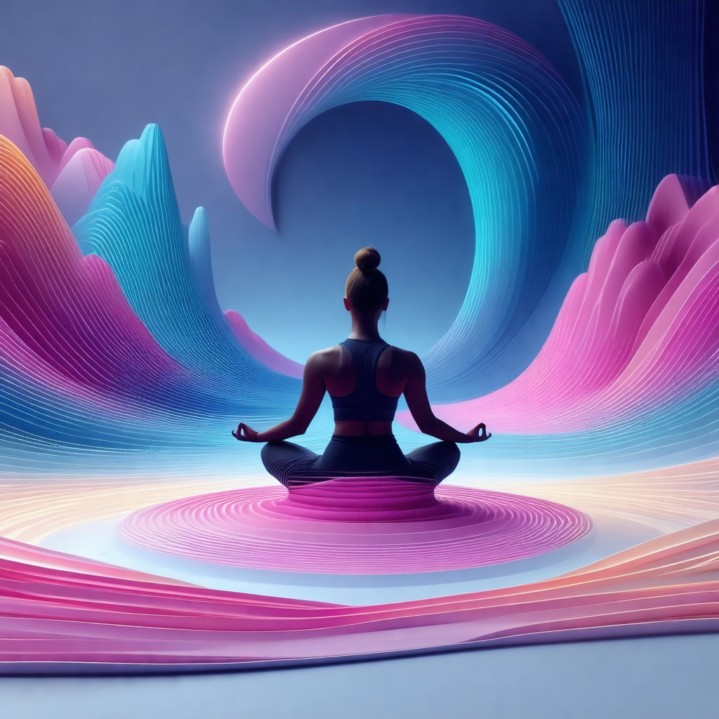 Woman sitting in a lotus position, meditating in a room w...