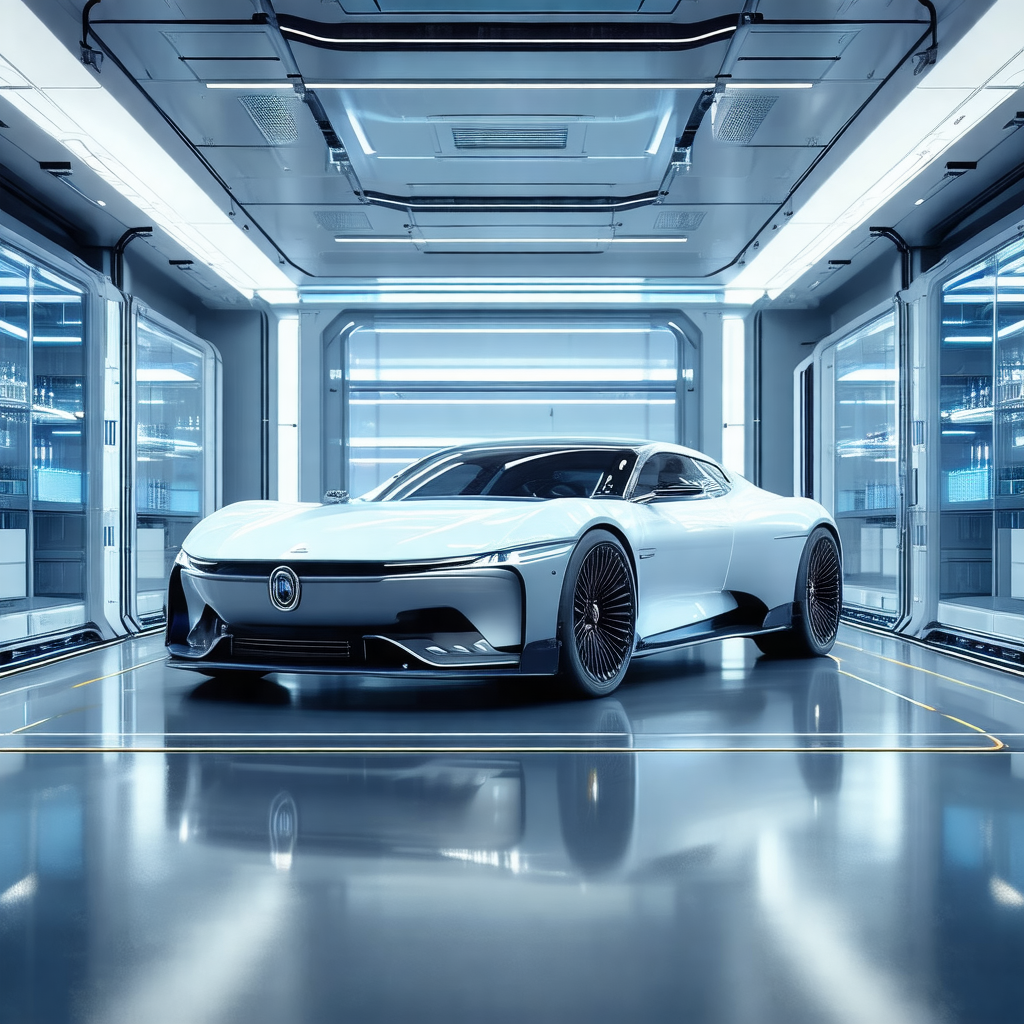 Sleek, futuristic car parked in a large, empty room