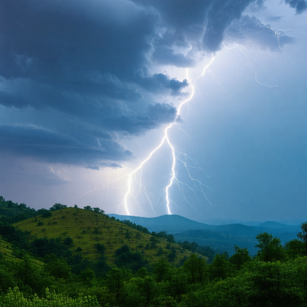 Captures a beautiful scene of a lightning bolt streaking ...
