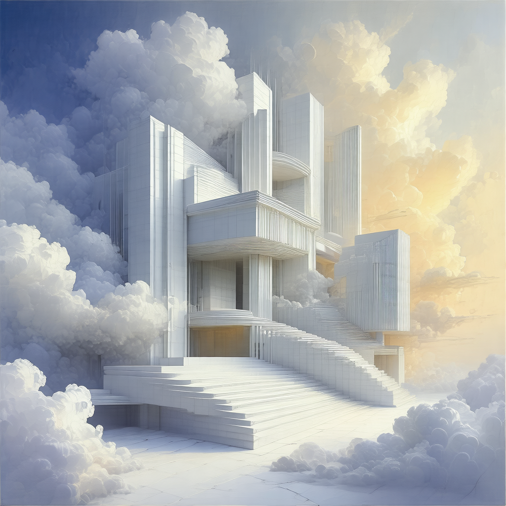 Painting of a large white building with a staircase leadi...