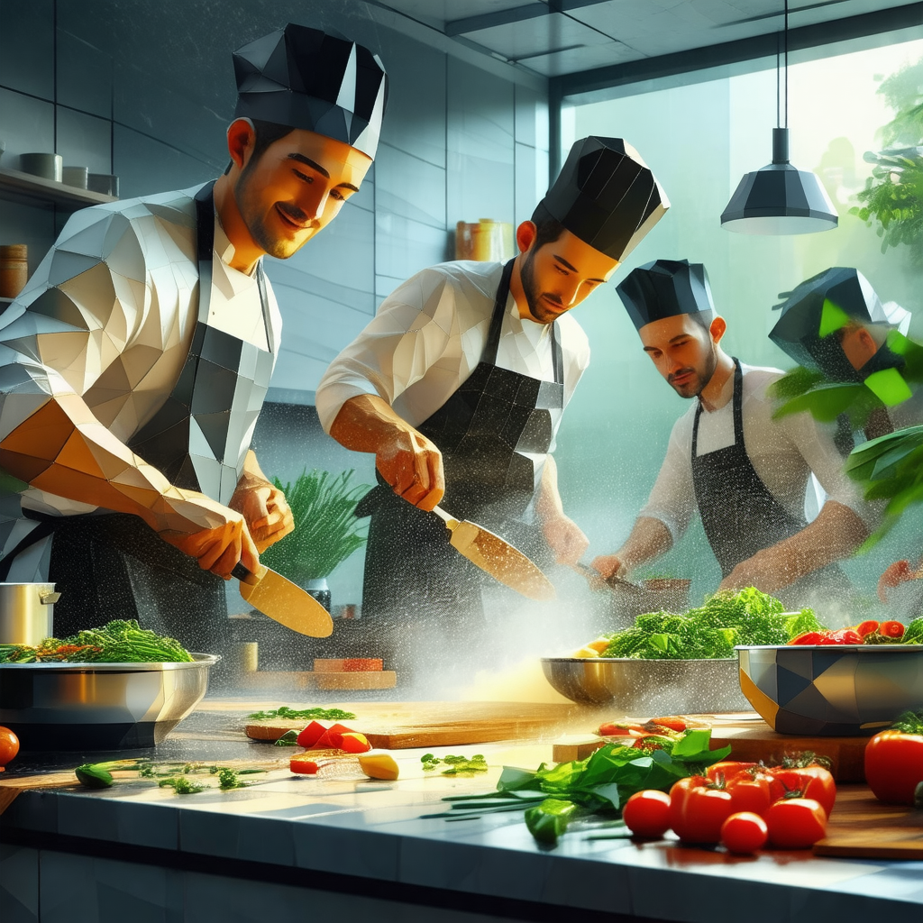 Cartoon-like drawing of a group of chefs in a kitchen, pr...