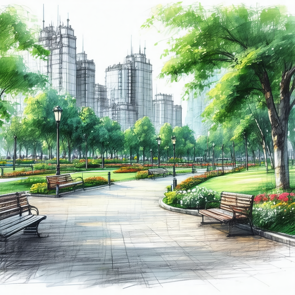 Park with a long, curved path lined with several benches