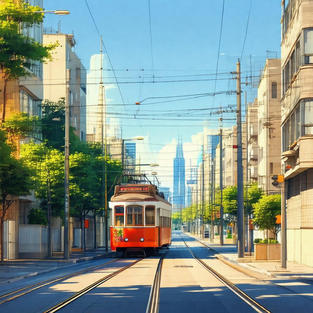 Red trolley car traveling down a street in a city