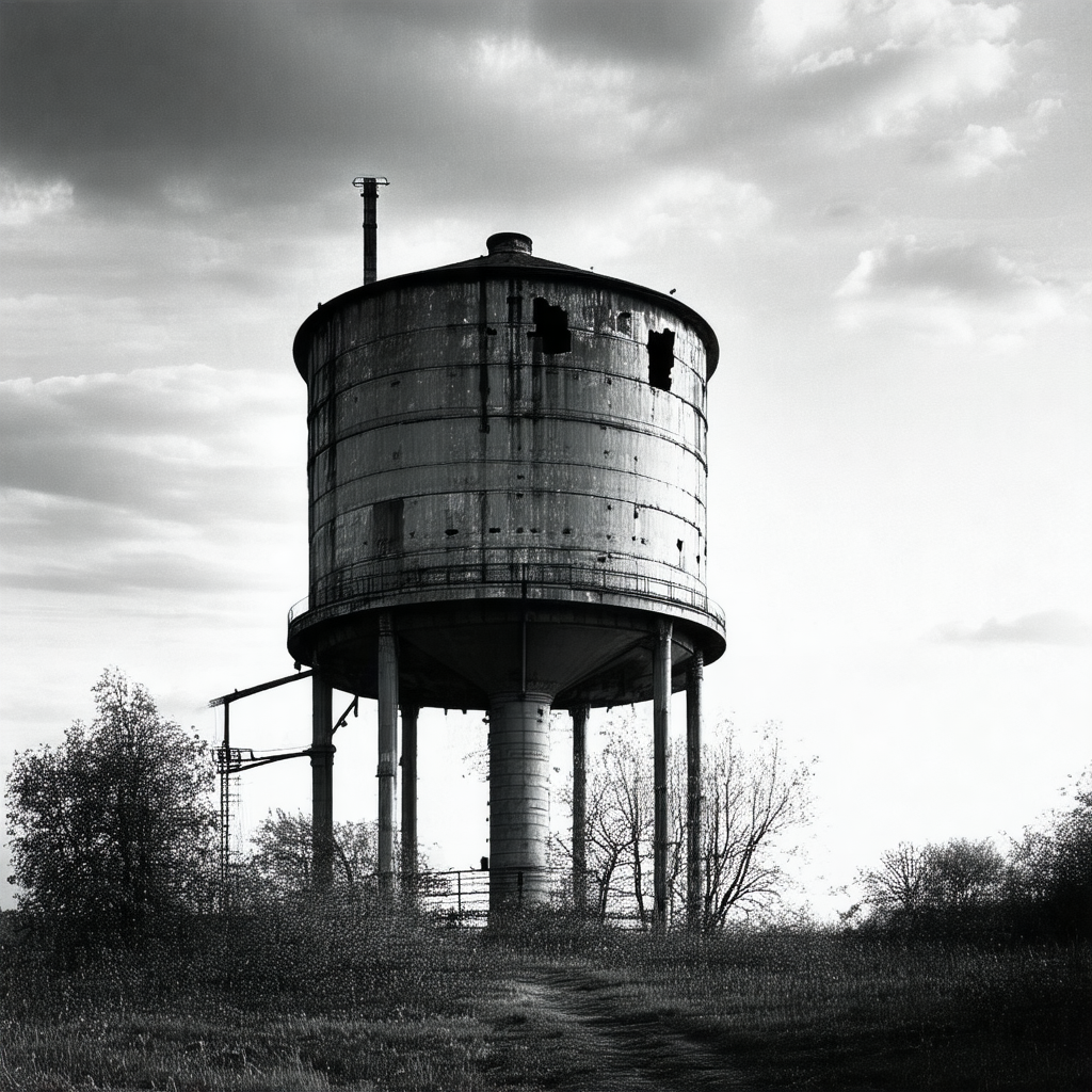 Large, old water tower with a rusted appearance