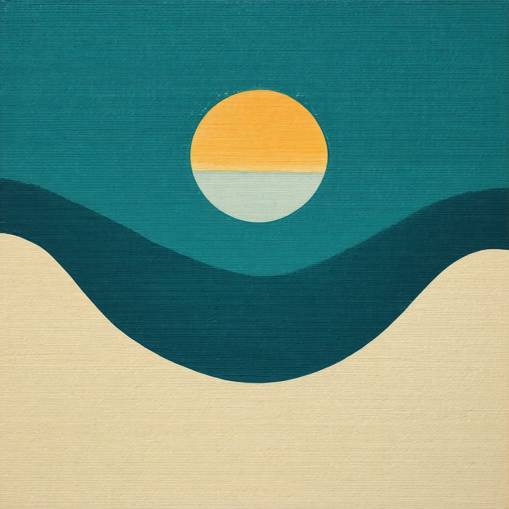 Large, round sun in the middle of a blue ocean