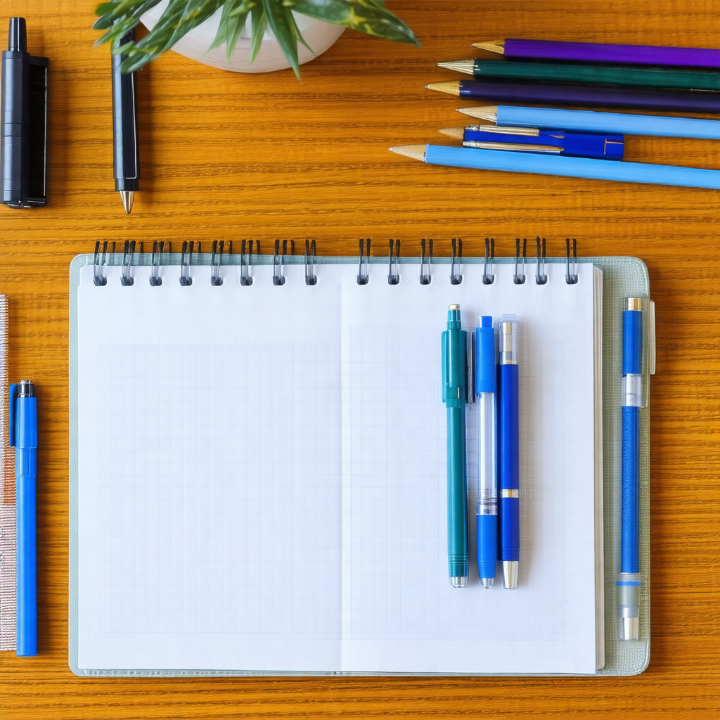 Wooden desk with a variety of writing utensils and office...