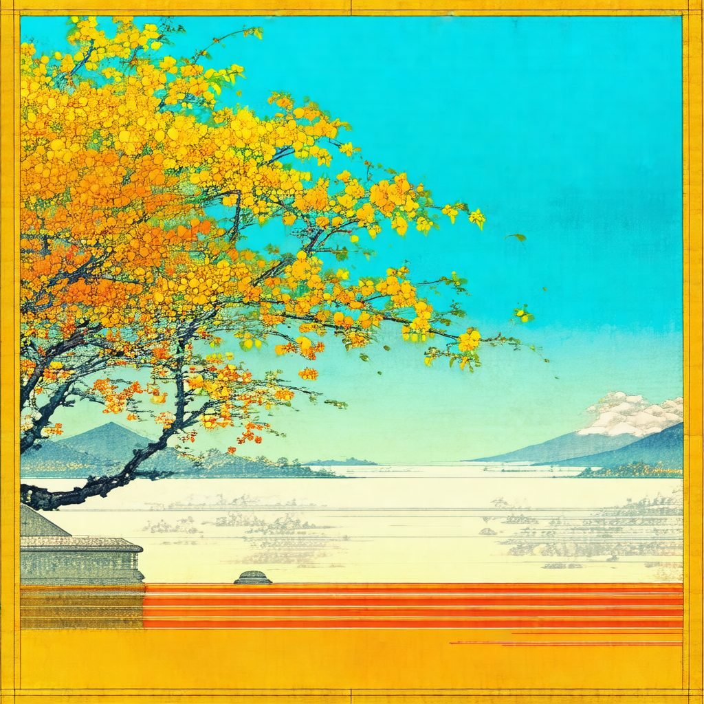 Beautiful tree with yellow leaves, situated near a body o...