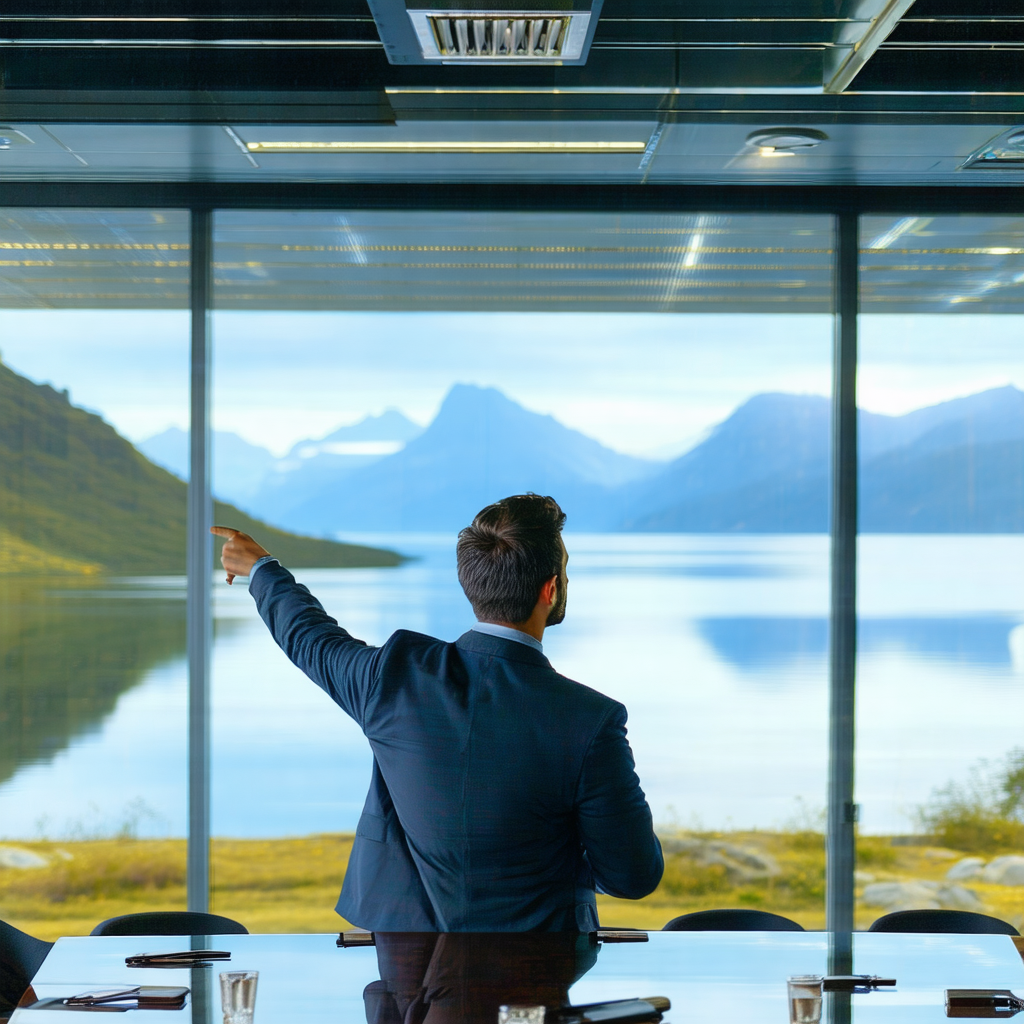 Man standing in front of a large window, pointing towards...