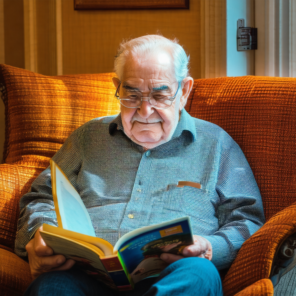 Older man sitting comfortably in a chair, reading a book