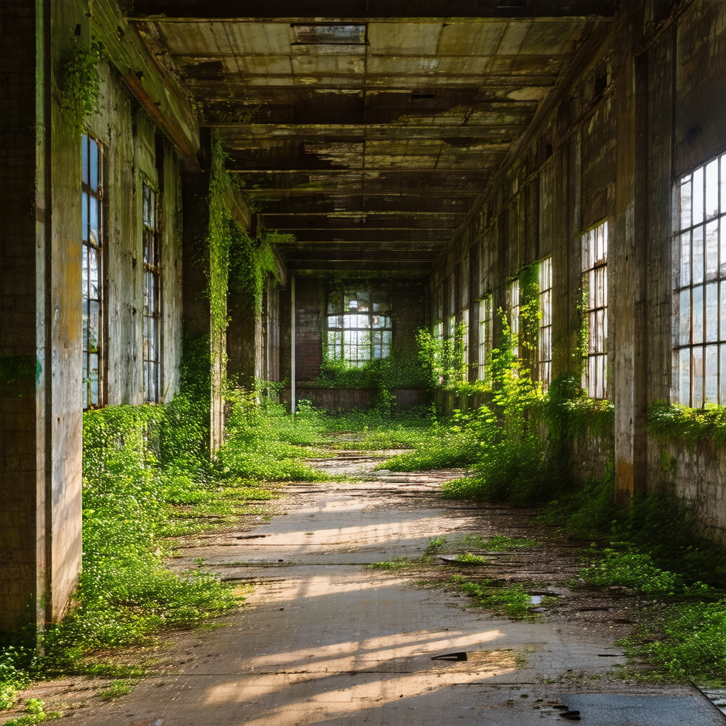 Large, abandoned building with a dirt floor and a high ce...