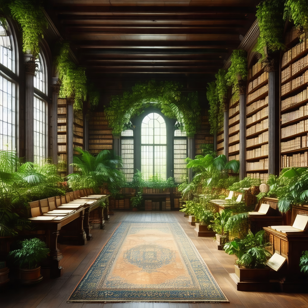 Large, ornate library filled with numerous books