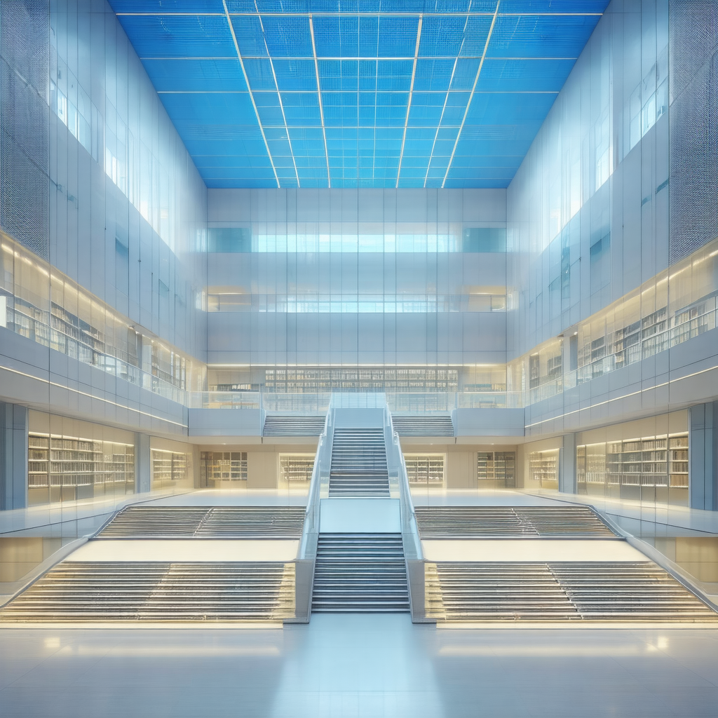 Large, modern building with a large staircase leading to ...