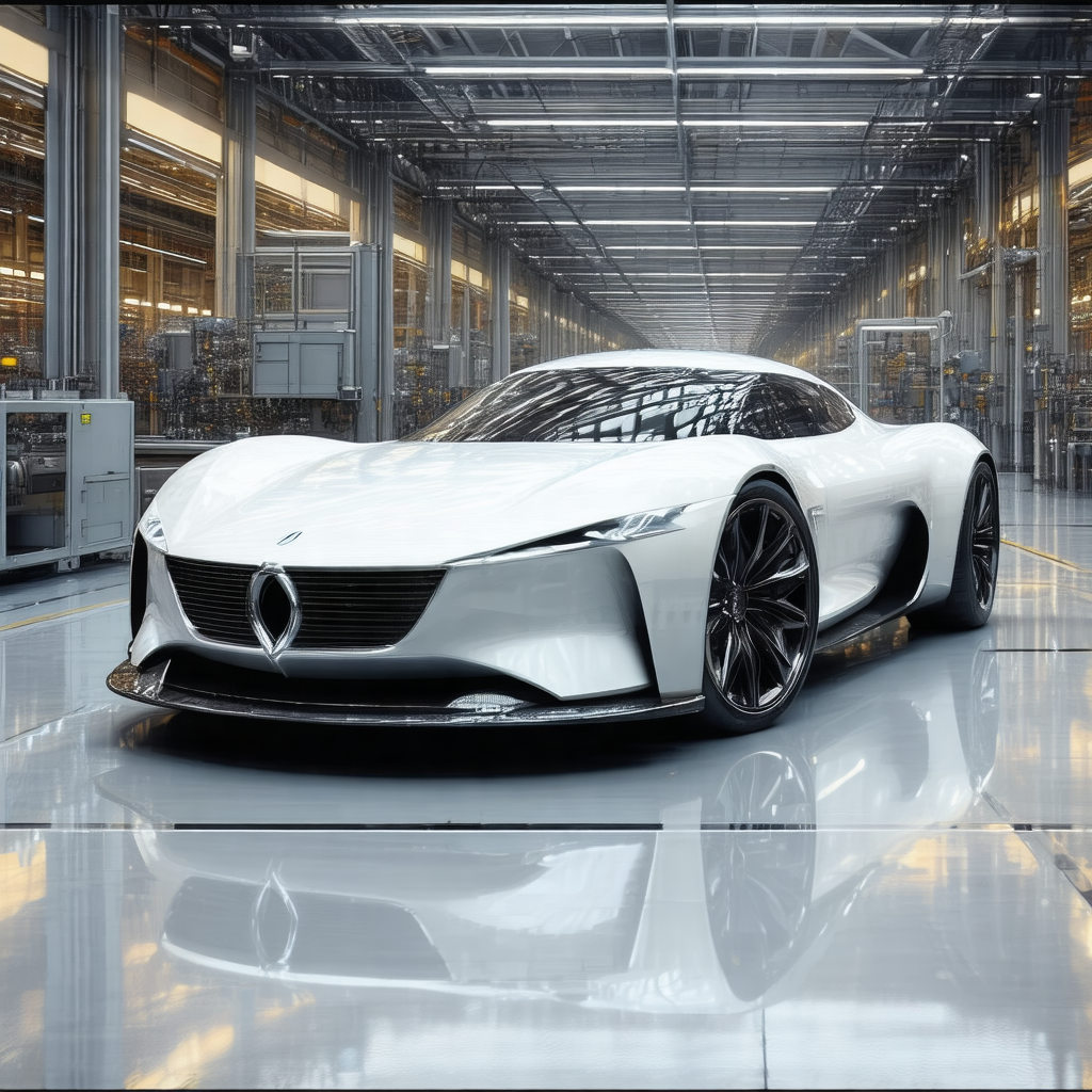 White sports car parked in a large, empty warehouse