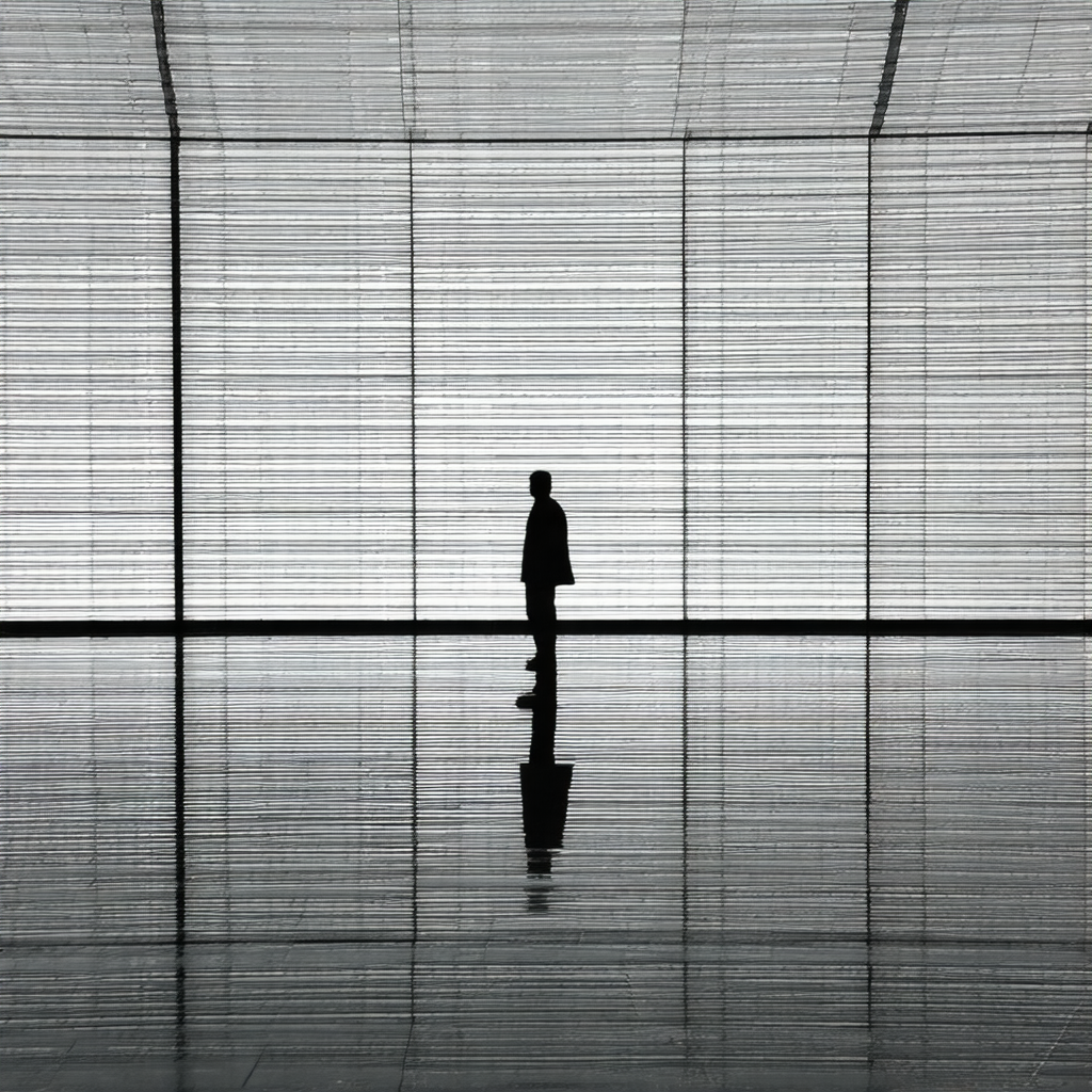 Man standing in a large, open room with a glass wall