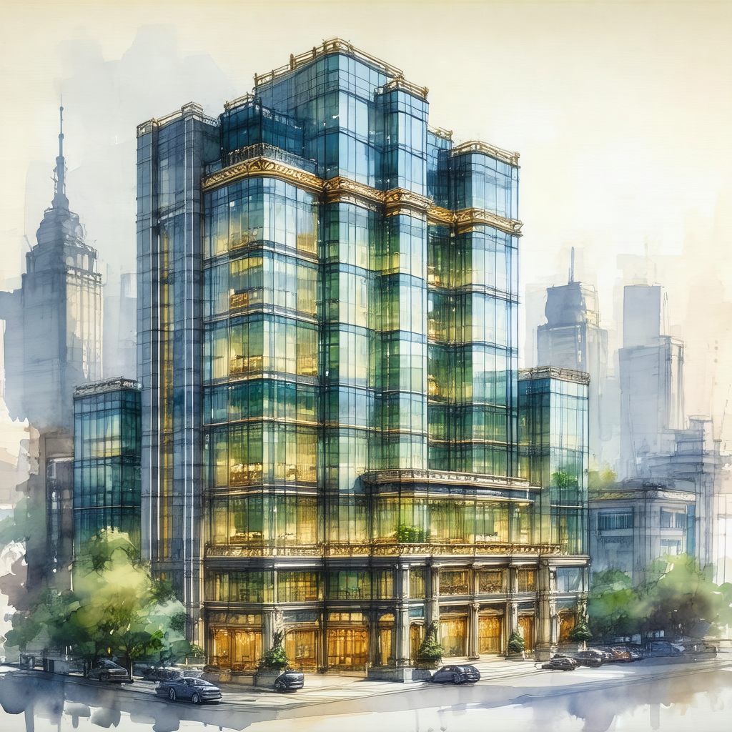 Drawing of a large, modern building with many windows