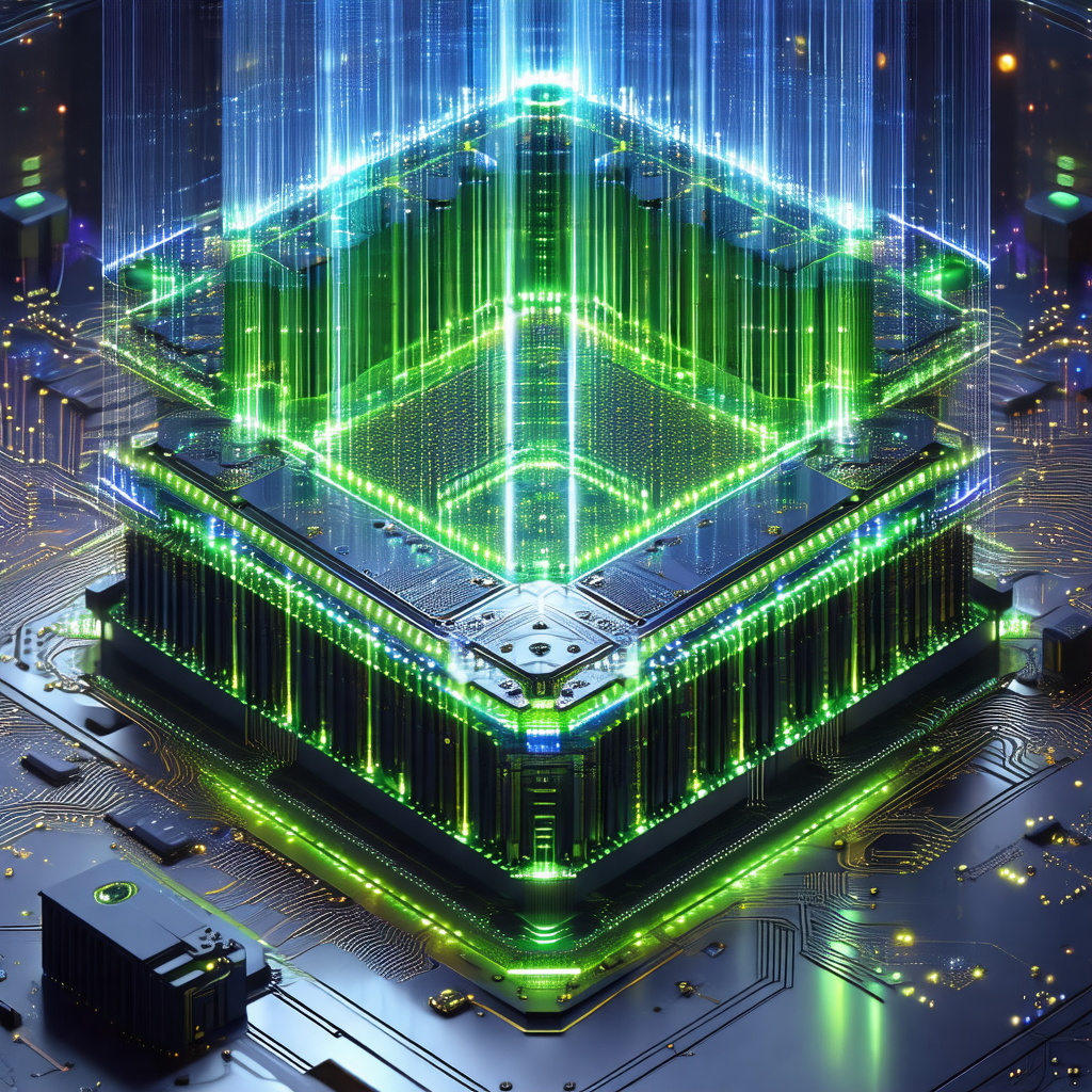 Futuristic, green, and blue structure with a large number...