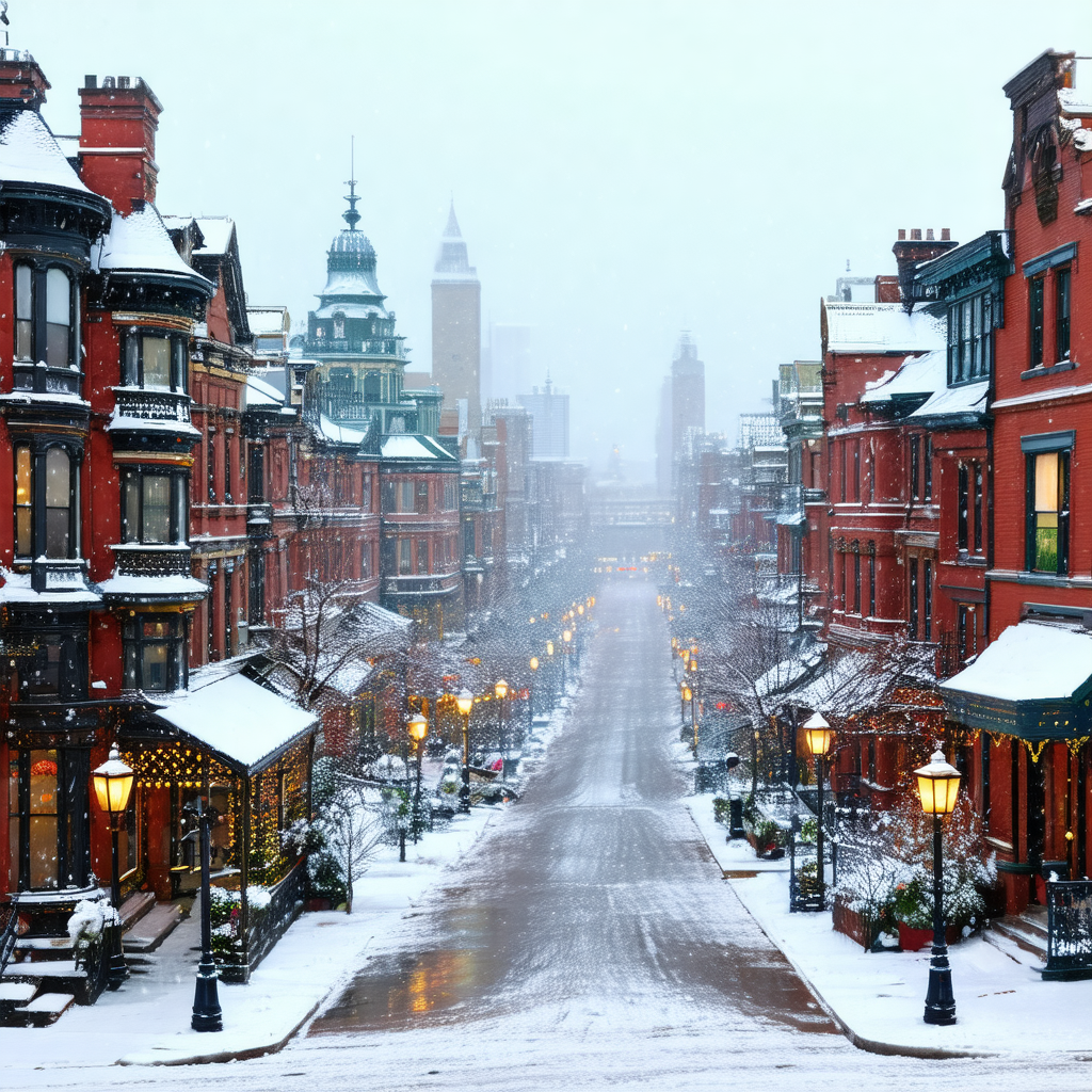 Snowy city street with a row of buildings on both sides