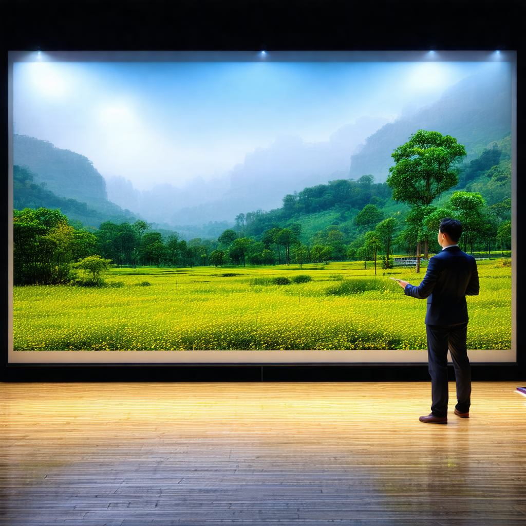 Man standing in front of a large painting of a lush green...
