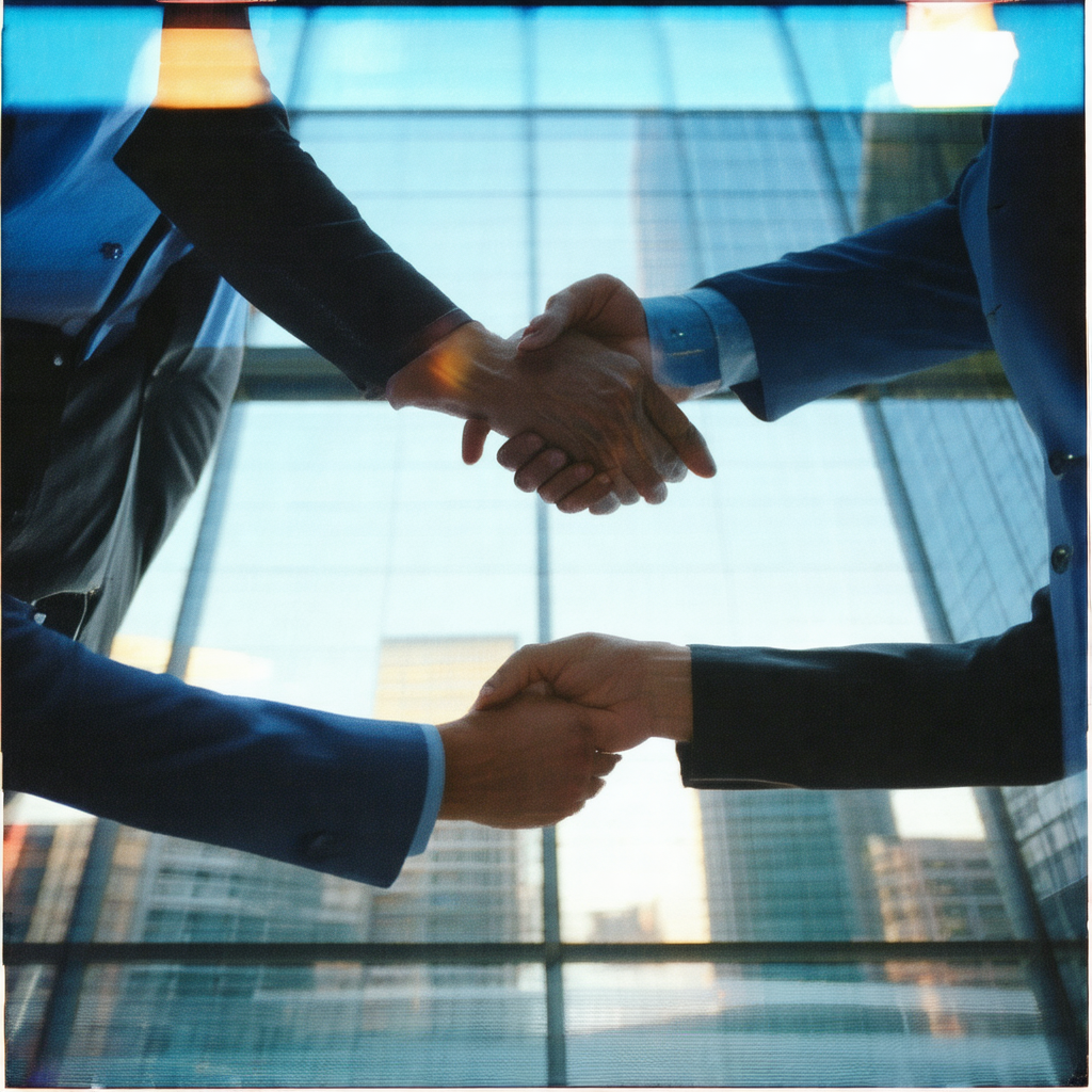 Three men in suits shaking hands in a large, well-lit room