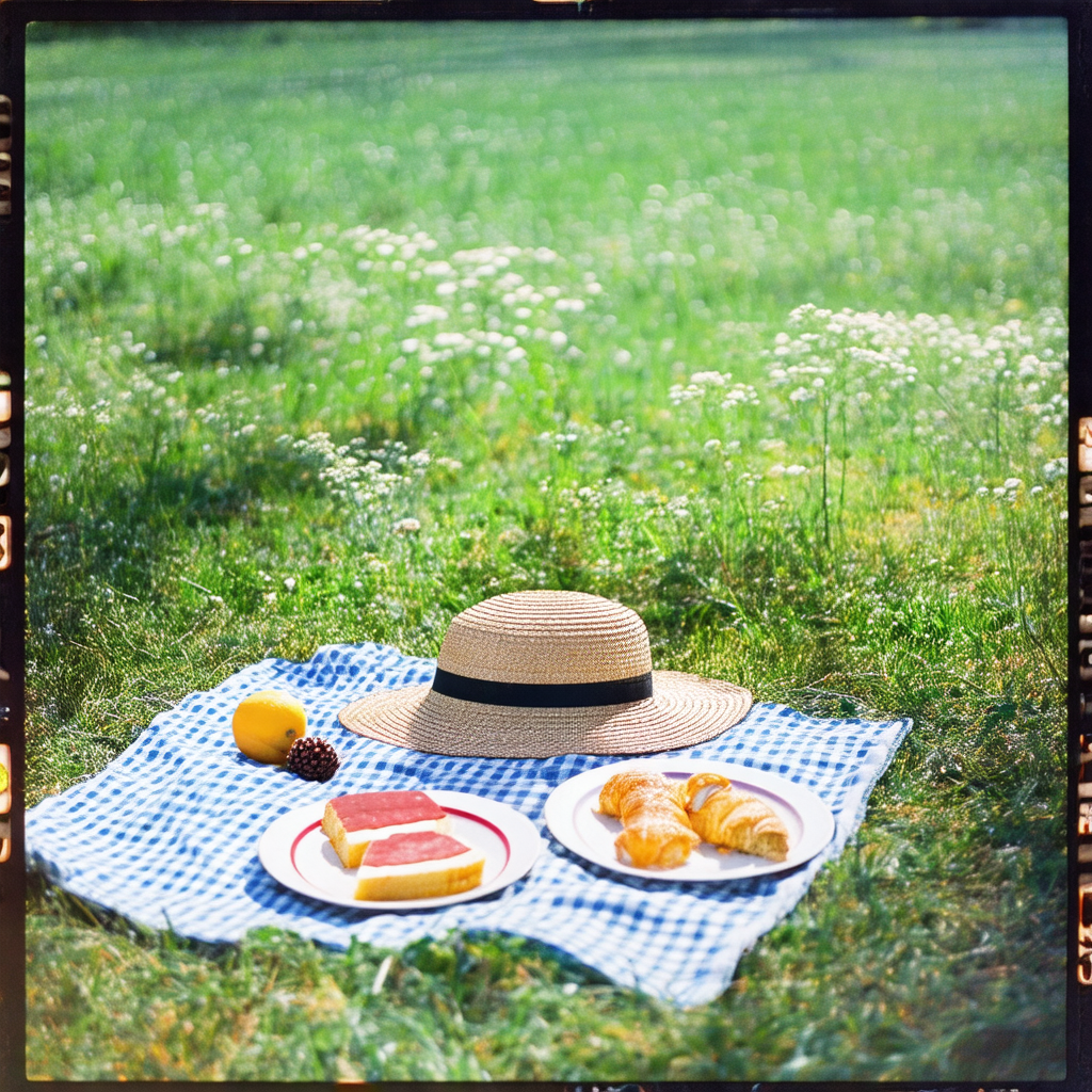 Picnic scene with a blanket spread out on the grass
