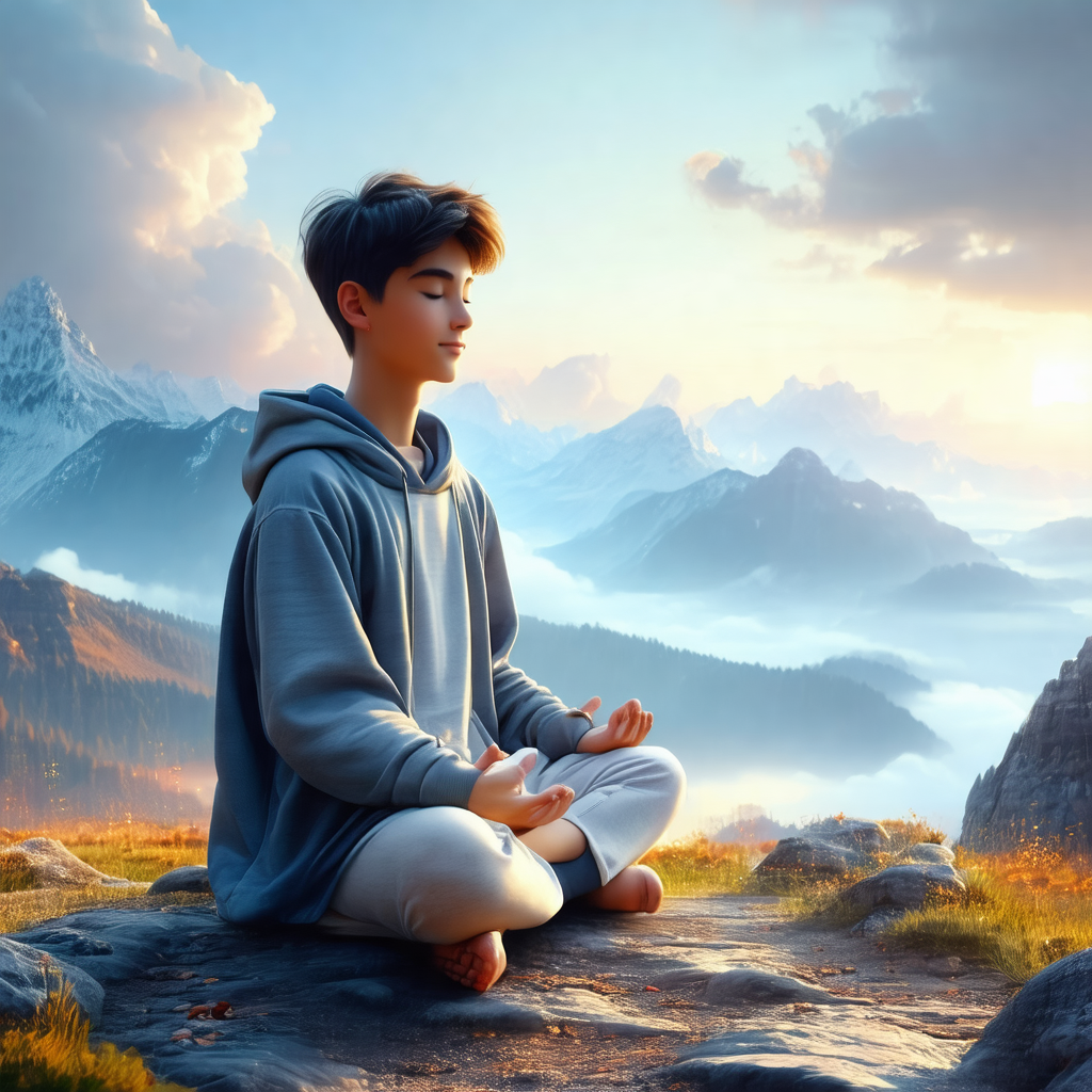 Young man sitting on a rock in a mountainous area, with a...