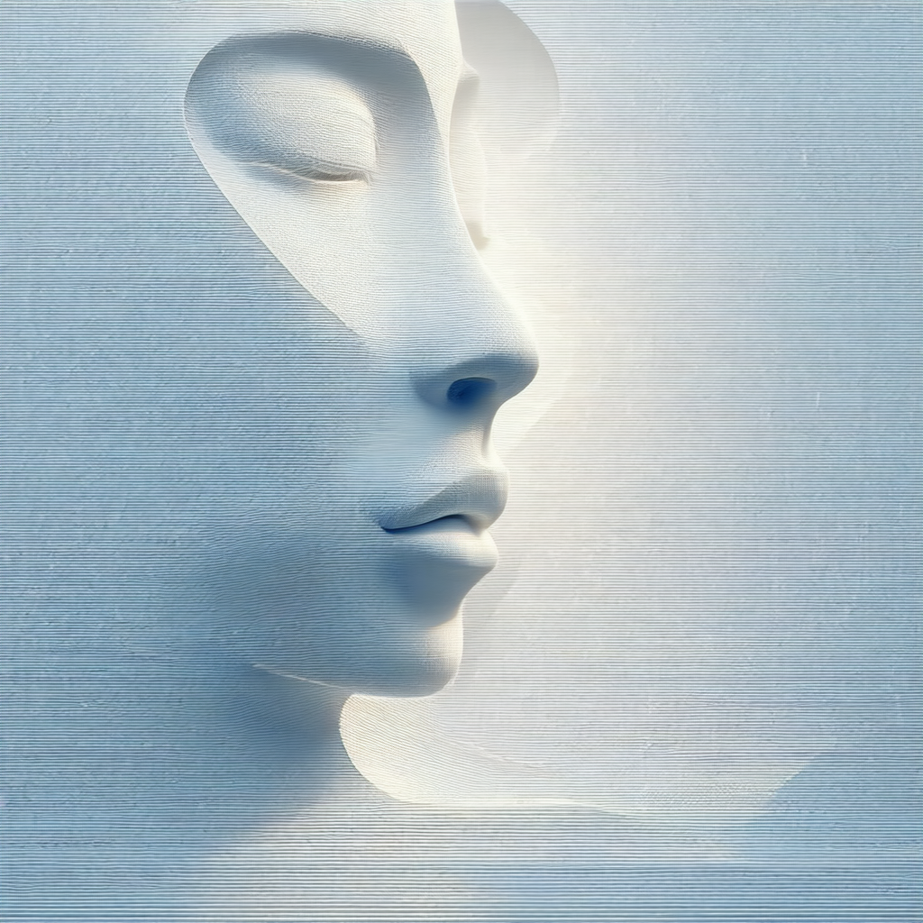 White, three-dimensional sculpture of a woman's face