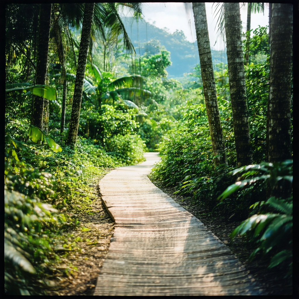 Serene forest scene with a dirt path surrounded by lush g...