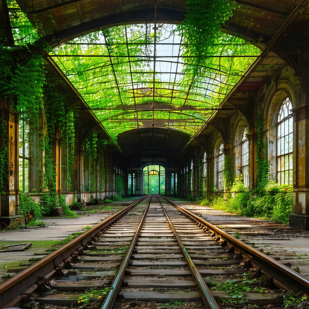 Train track with a train passing through a tunnel