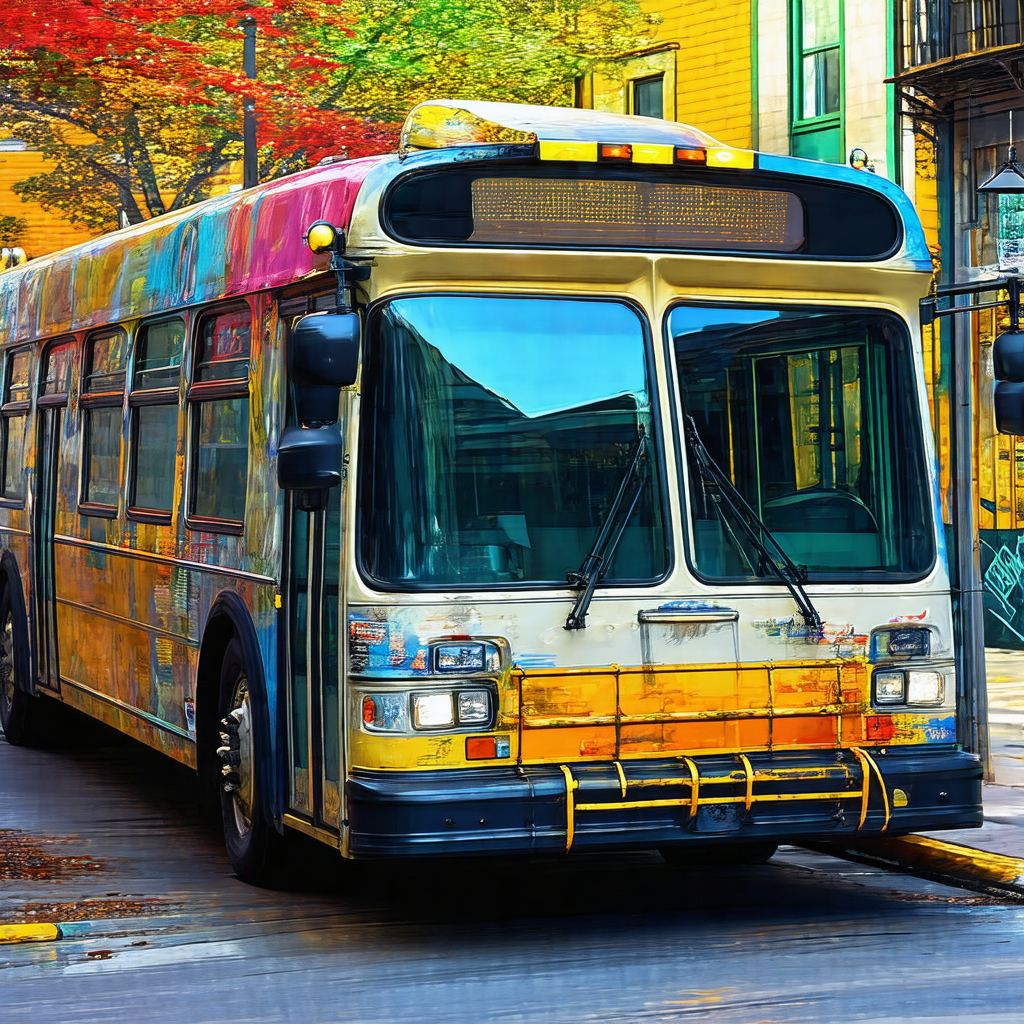 Large, colorful bus parked on a city street