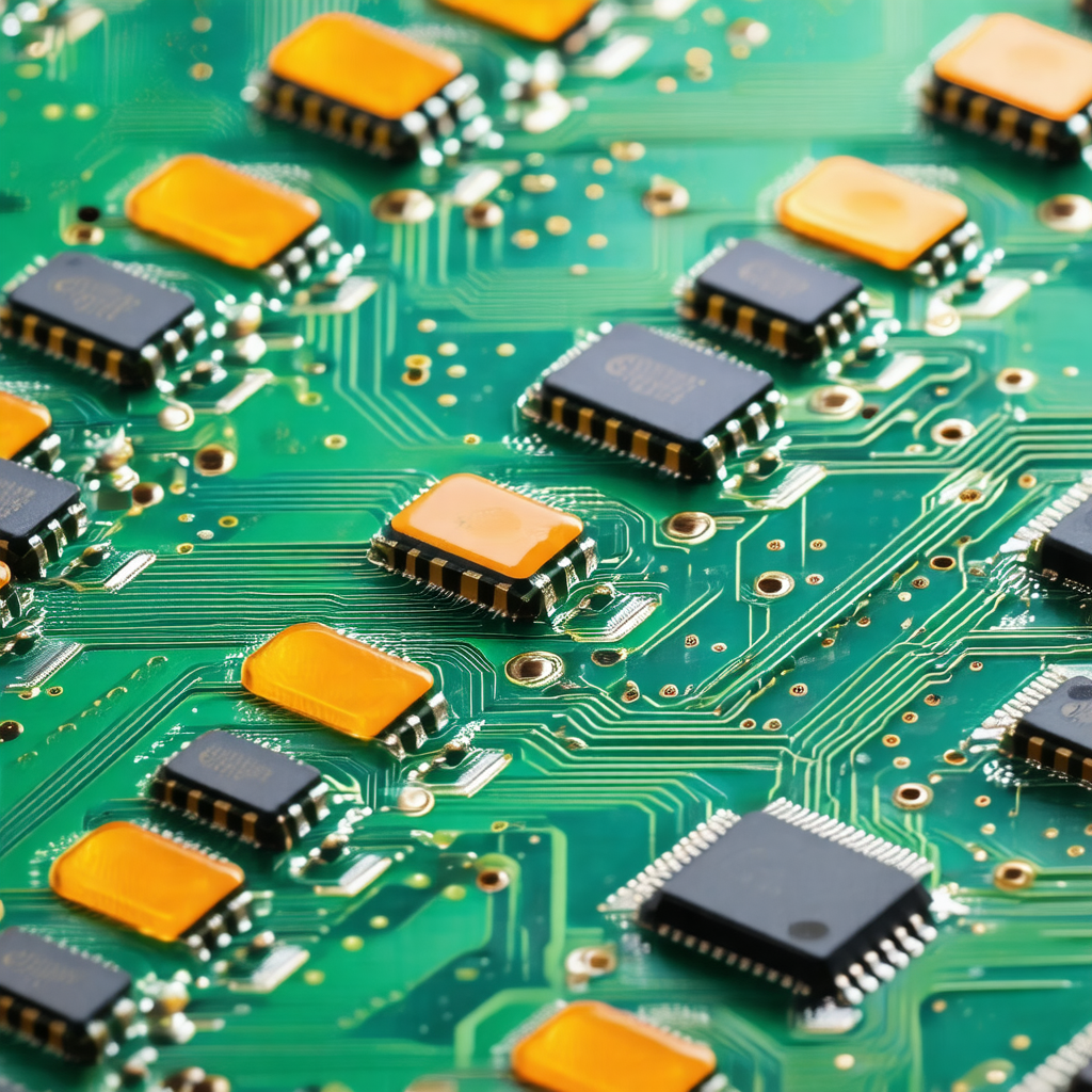 Close-up of a computer circuit board with numerous chips ...
