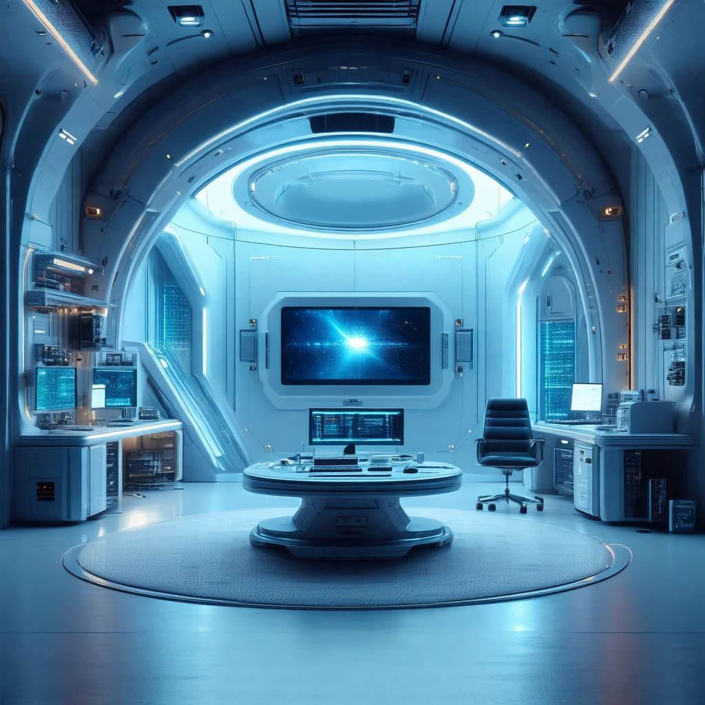 Futuristic control room with a large, round window in the...