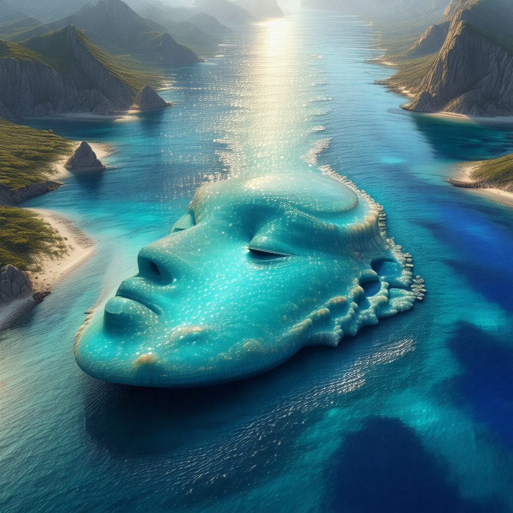 Large, blue, human-like sculpture floating in a body of w...