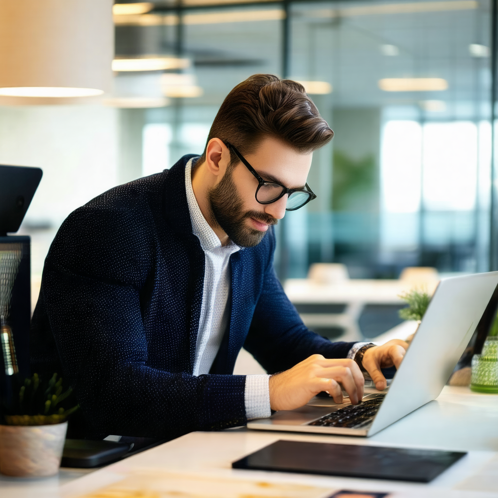 Man wearing a suit and tie, sitting at a desk and working...