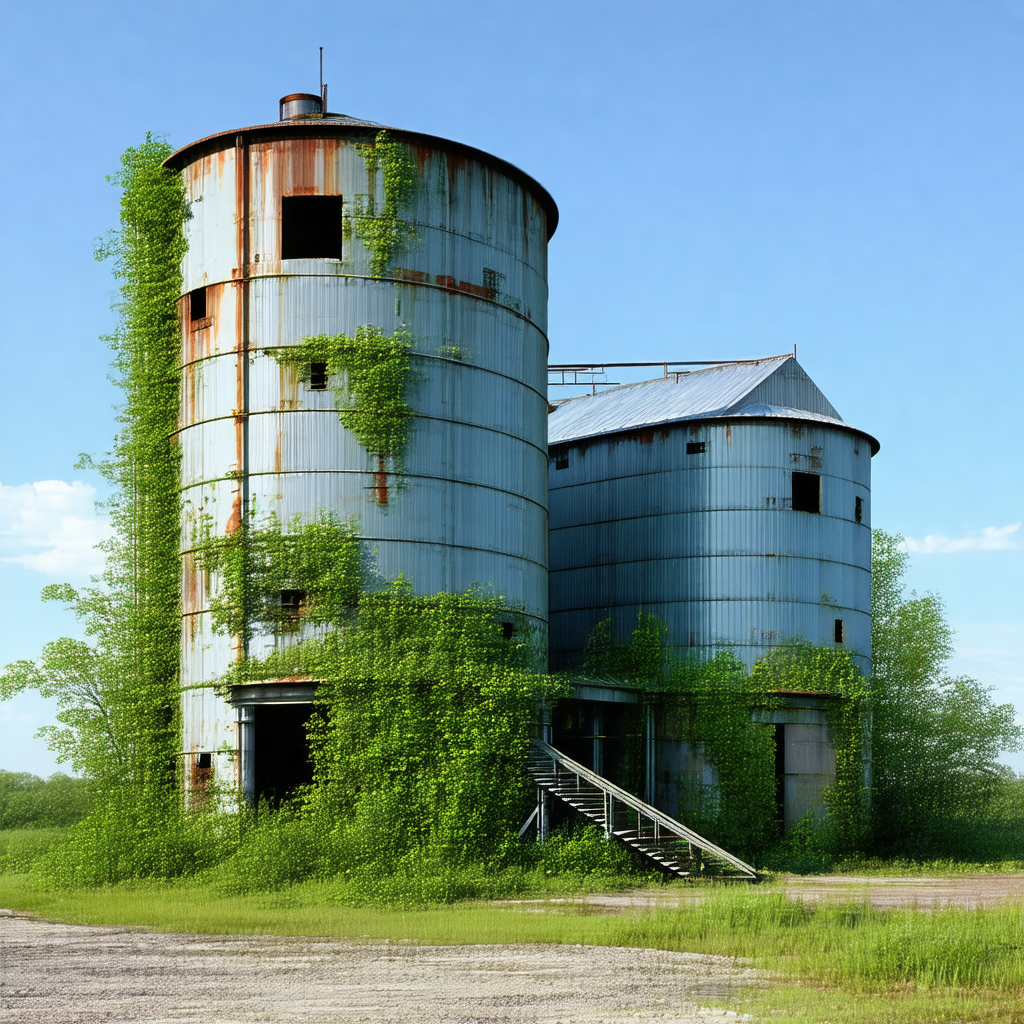 Large, old, and rusty grain silo with a green vine growin...