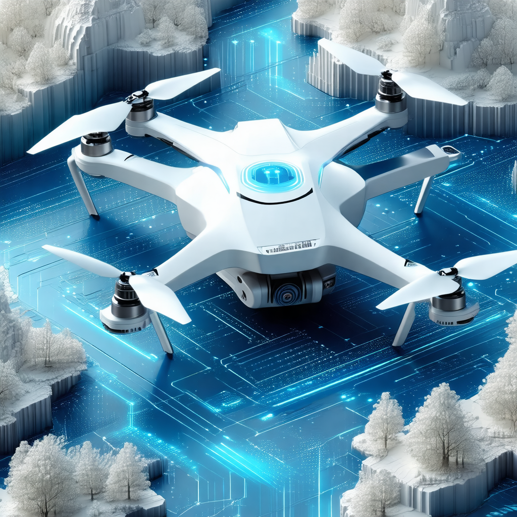 White drone with blue lights on its bottom, flying throug...