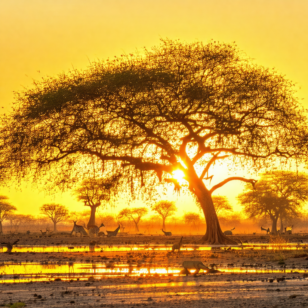 Captures a beautiful sunset scene with a large tree in th...