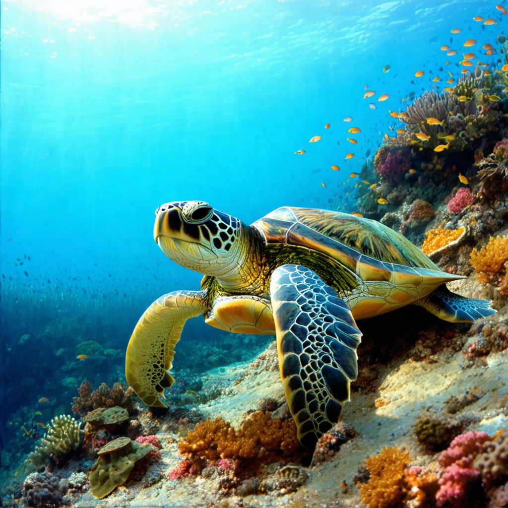 Beautiful green and yellow sea turtle swimming in the ocean