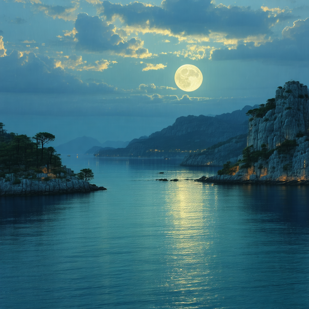 Serene scene of a full moon rising over a body of water, ...